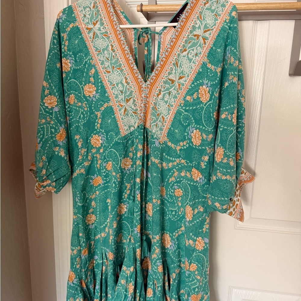 Aakaa Teal and Orange Floral Wrap Dress